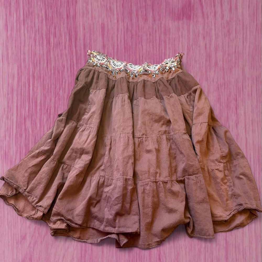 angie 2000s beaded brown tiered boho cotton skirt